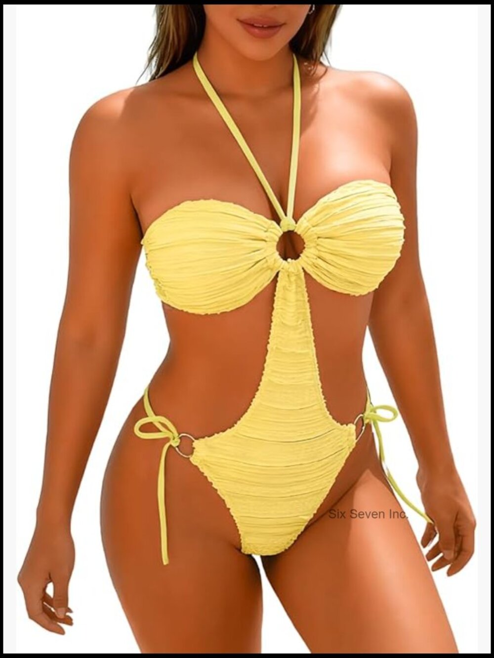 Textured Halter Bandeau High Cut Cheeky Monokini One Piece Swimsuit